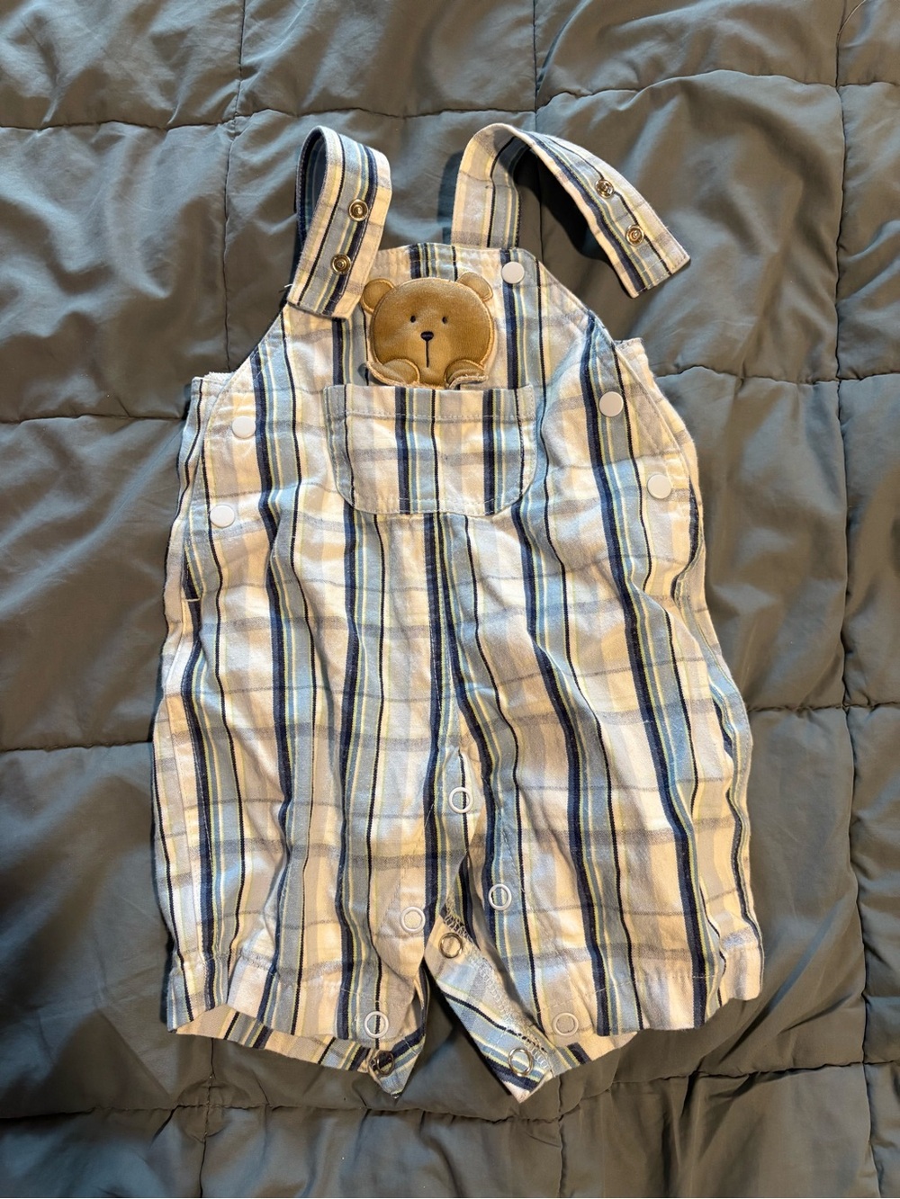 Striped Blue and Cream Baby Bear Pocket Overalls